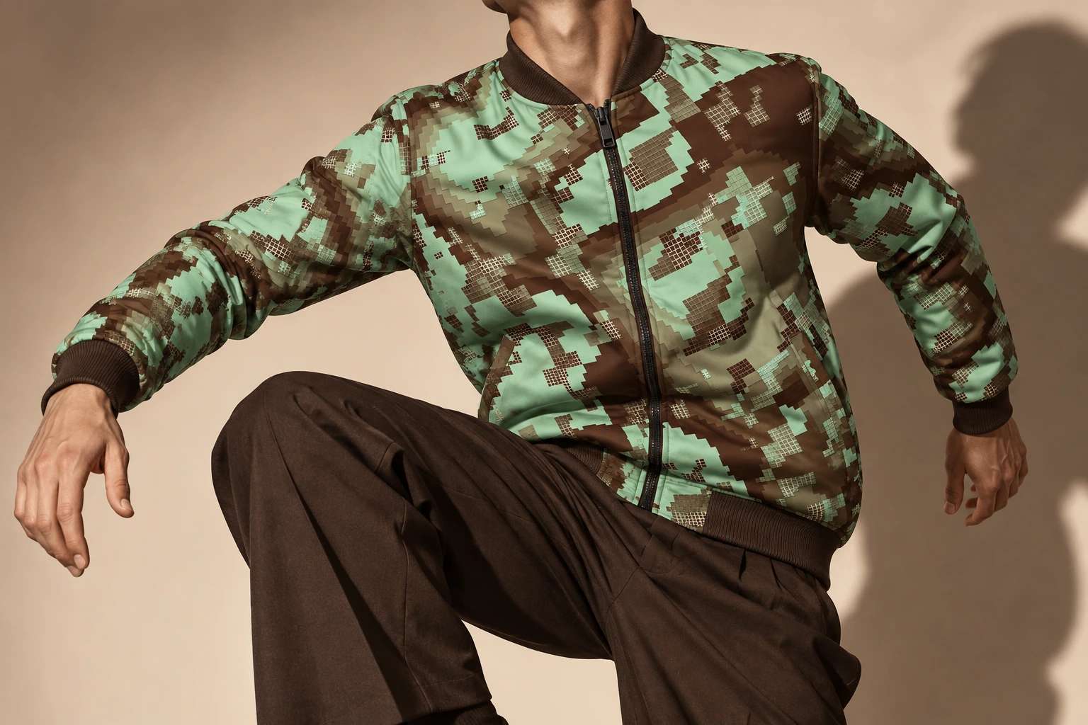 Camouflage-inspired clothing in motion — digital styling concept