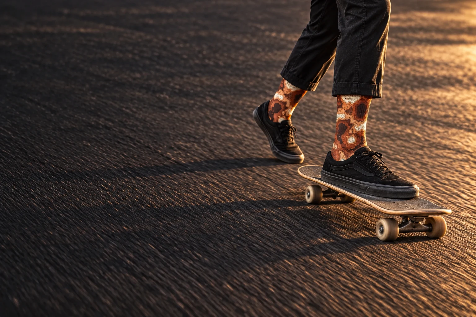 Quiet altitudes 853D socks on a skateboarder in motion, shown from the calves down