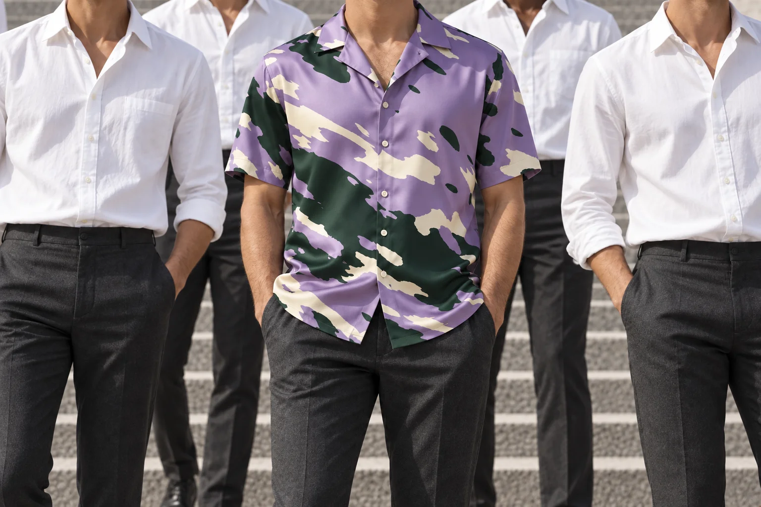 Neck-down view of a lavender Velvet Cover button-up shirt among plain white shirts — AI styling concept
